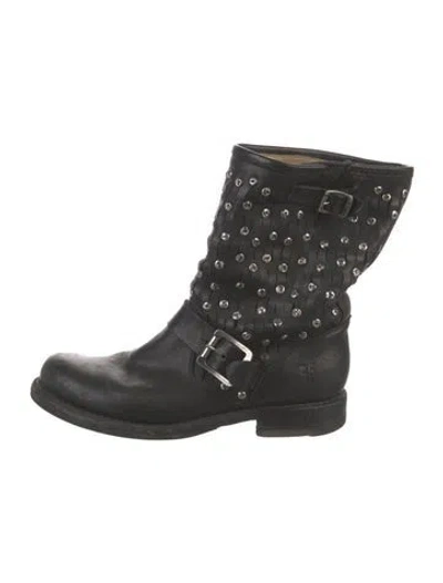 Pre-owned Frye Leather Lasercut Accents Moto Boots In Black