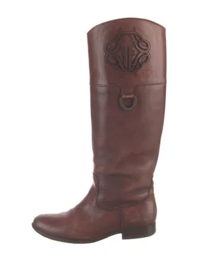 Pre-owned Frye Leather Lasercut Accents Riding Boots In Brown