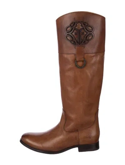 Pre-owned Frye Leather Lasercut Accents Riding Boots In Brown