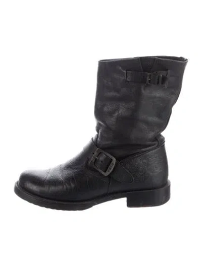 Pre-owned Frye Leather Leather Trim Embellishment Moto Boots In Black