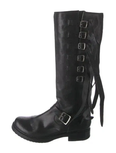 Pre-owned Frye Leather Moto Boots In Black