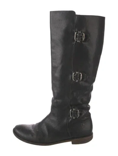 Pre-owned Frye Leather Moto Boots In Black