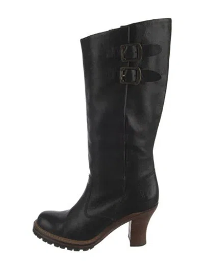 Pre-owned Frye Leather Moto Boots In Black