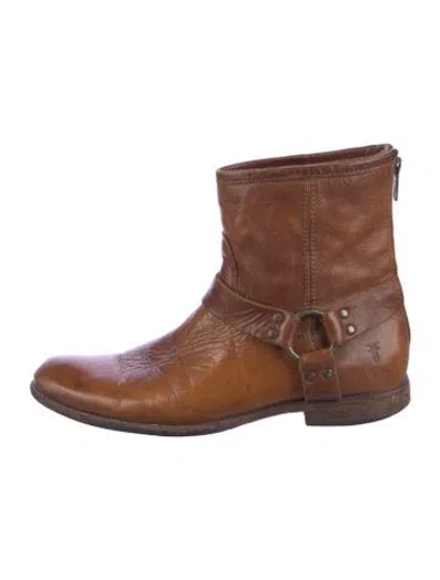 Pre-owned Frye Leather Moto Boots In Brown