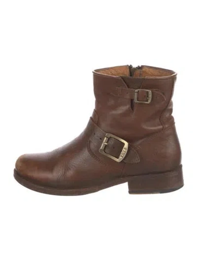 Pre-owned Frye Leather Moto Boots In Brown