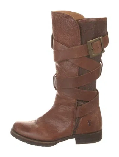 Pre-owned Frye Leather Moto Boots In Brown