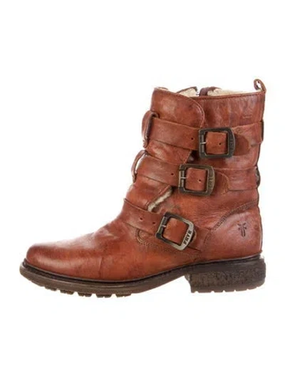 Pre-owned Frye Leather Moto Boots In Brown