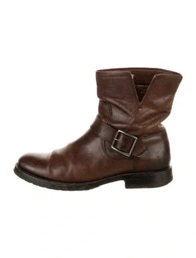 Pre-owned Frye Leather Moto Boots In Brown