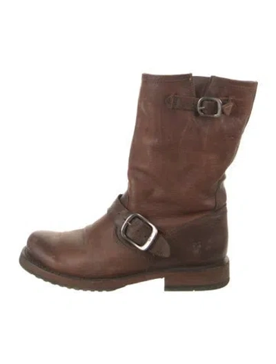 Pre-owned Frye Leather Moto Boots In Brown