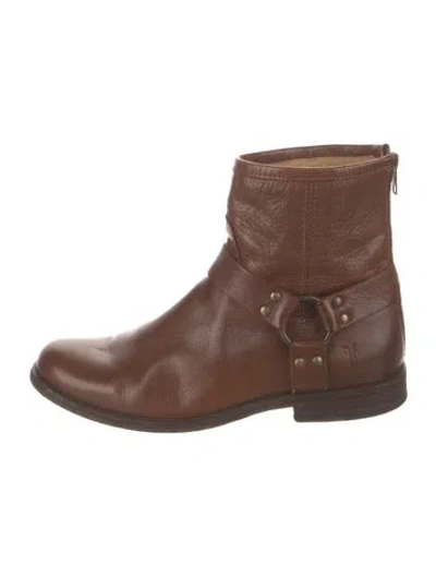 Pre-owned Frye Leather Moto Boots In Brown