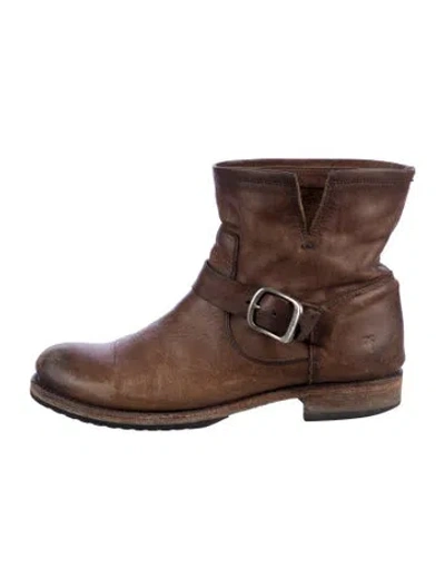 Pre-owned Frye Leather Moto Boots In Brown