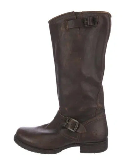 Pre-owned Frye Leather Moto Boots In Brown