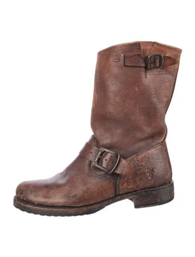 Pre-owned Frye Leather Moto Boots In Brown