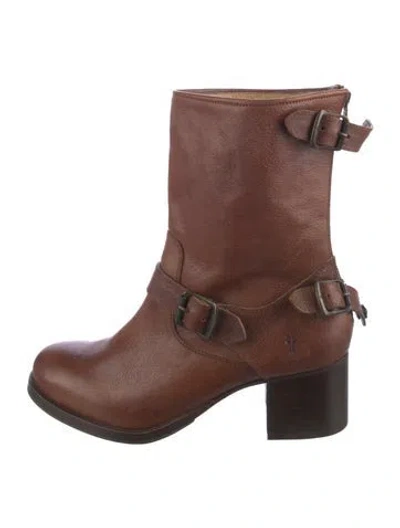 Pre-owned Frye Leather Moto Boots In Brown
