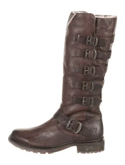 Pre-owned Frye Leather Moto Boots In Brown