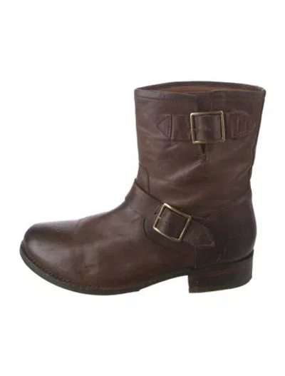 Pre-owned Frye Leather Moto Boots In Brown