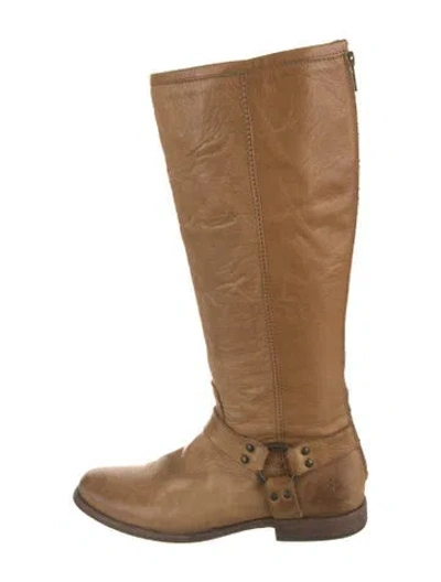 Pre-owned Frye Leather Moto Boots In Brown