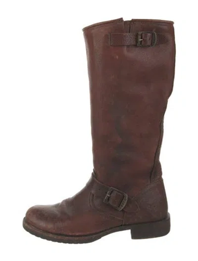 Pre-owned Frye Leather Moto Boots In Brown