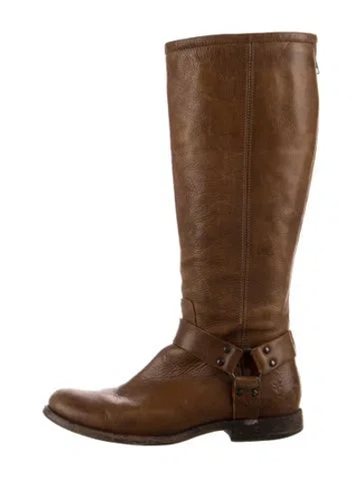 Pre-owned Frye Leather Moto Boots In Brown