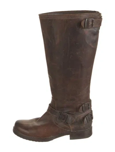 Pre-owned Frye Leather Moto Boots In Brown