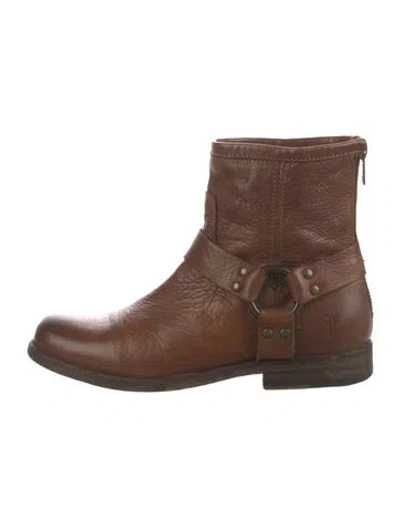 Pre-owned Frye Leather Moto Boots In Brown