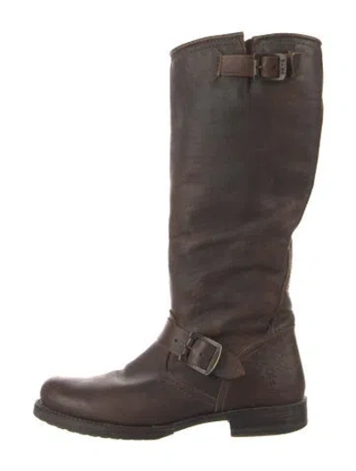 Pre-owned Frye Leather Moto Boots In Brown