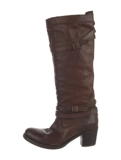 Pre-owned Frye Leather Moto Boots In Brown