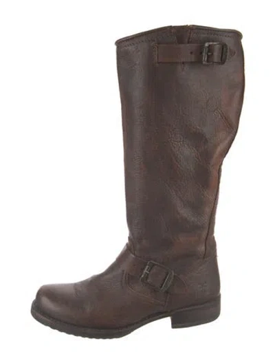 Pre-owned Frye Leather Moto Boots In Brown