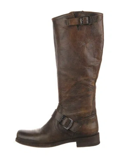 Pre-owned Frye Leather Moto Boots In Brown