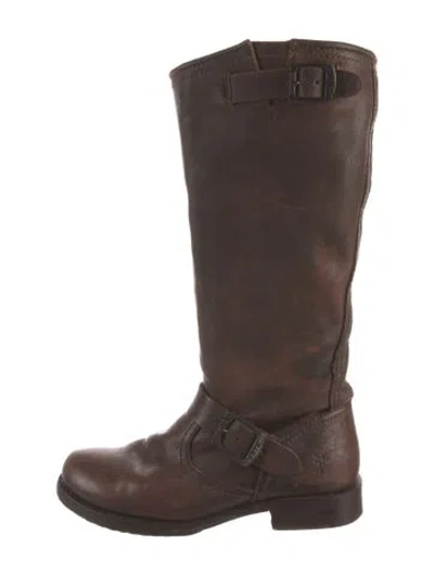 Pre-owned Frye Leather Moto Boots In Brown