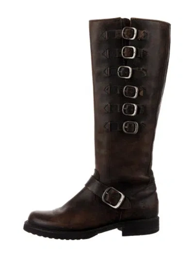 Pre-owned Frye Leather Moto Boots In Brown