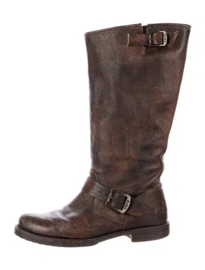 Pre-owned Frye Leather Moto Boots In Brown