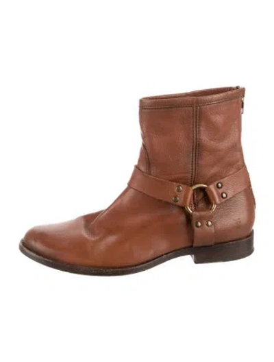 Pre-owned Frye Leather Moto Boots In Brown