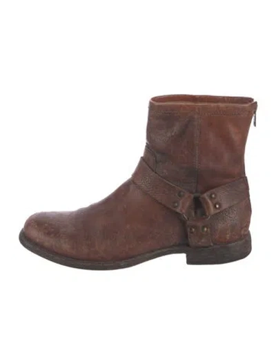 Pre-owned Frye Leather Moto Boots In Brown