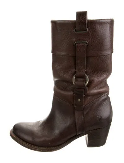 Pre-owned Frye Leather Moto Boots In Brown