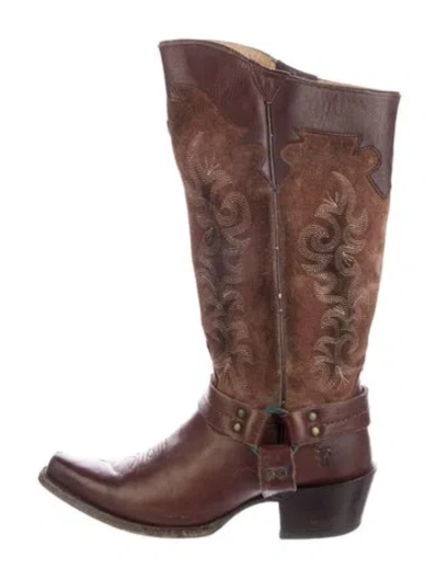 Pre-owned Frye Leather Patterned Western Boots In Brown
