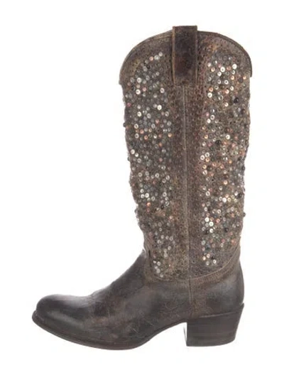 Pre-owned Frye Leather Patterned Western Boots In Brown