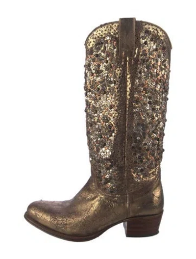 Pre-owned Frye Leather Patterned Western Boots In Brown