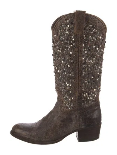 Pre-owned Frye Leather Patterned Western Boots In Brown