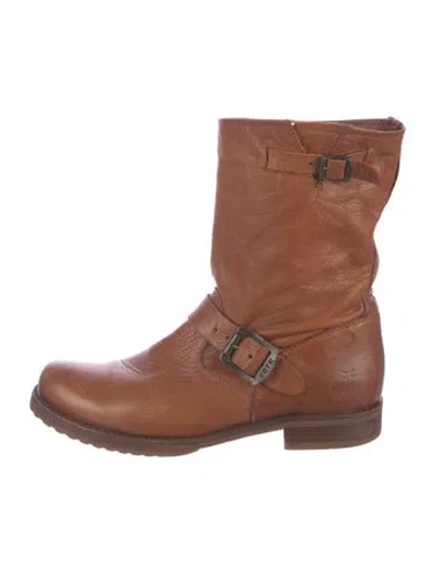 Pre-owned Frye Leather Printed Moto Boots In Brown