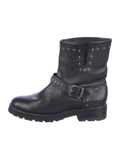 Pre-owned Frye Leather Studded Accents Moto Boots In Black