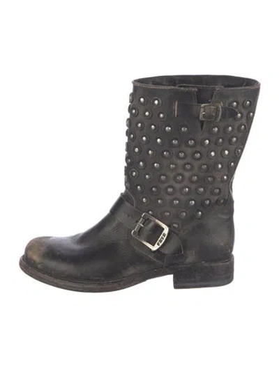Pre-owned Frye Leather Studded Accents Moto Boots In Black