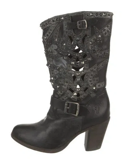 Pre-owned Frye Leather Studded Accents Moto Boots In Black