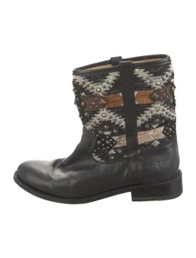 Pre-owned Frye Leather Studded Accents Moto Boots In Black