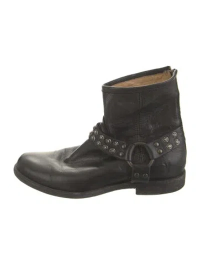 Pre-owned Frye Leather Studded Accents Moto Boots In Black