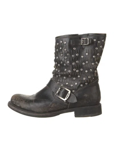Pre-owned Frye Leather Studded Accents Moto Boots In Black