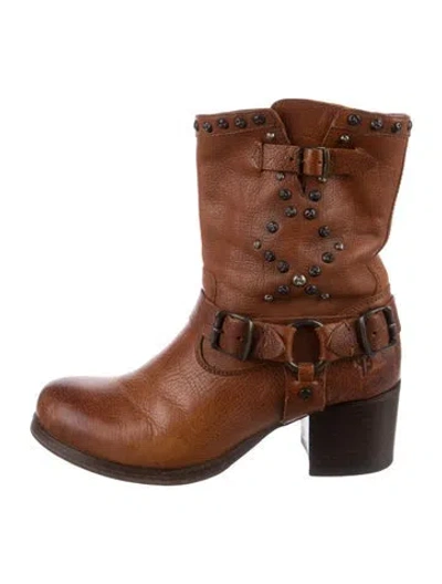 Pre-owned Frye Leather Studded Accents Moto Boots In Brown