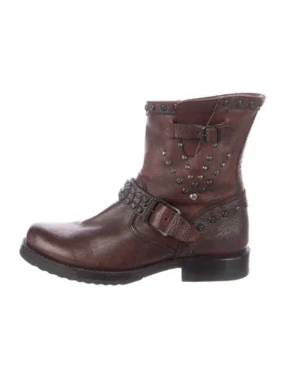 Pre-owned Frye Leather Studded Accents Moto Boots In Brown