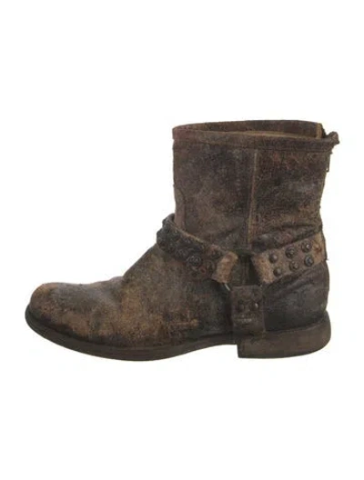 Pre-owned Frye Leather Studded Accents Moto Boots In Brown
