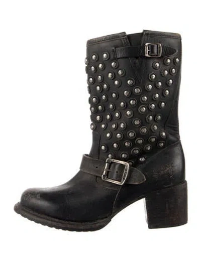Pre-owned Frye Leather Studded Accents Moto Boots In Brown
